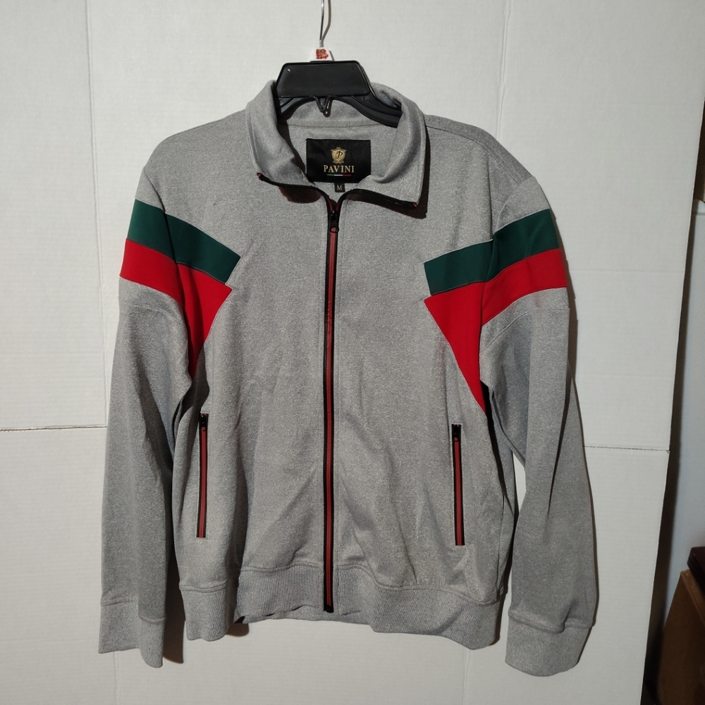Gray Jacket with Red and Green Accents